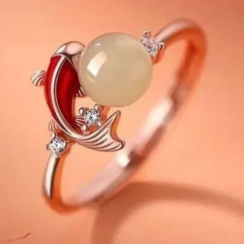 Designer Gold Plated Open Ring Chinese Traditional Style Imitation Jade Carp Goldfish Adjustable Band For Festival Wedding Daily Wear Gift