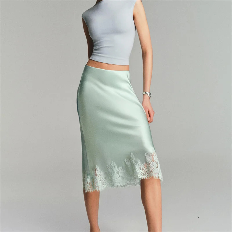 Womens Elegant Midi Skirts Summer High Waist Lace Satin Trumpet Skirt Woman Slim Korean Fashion Lace Patchwork Skirts 260403 - view 4