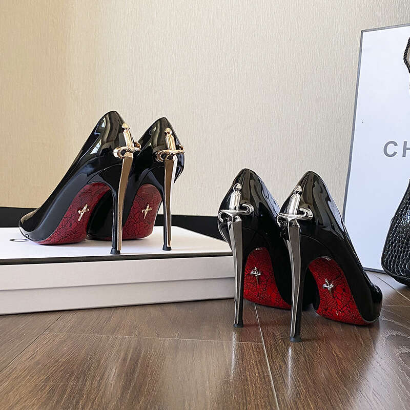Gold Stiletto High Heels New Model Thin Heel Black Comfortable Printed Red Sole Pointed Toe Patent Leather Shoes