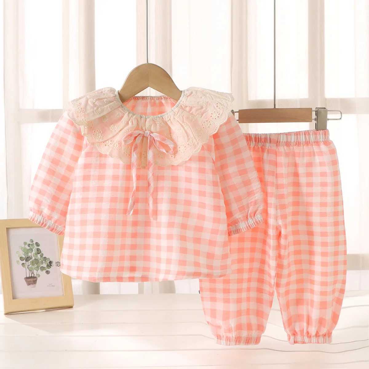 Girls Lace Round Neck Bow Home Suit Set Spring Summer Breathable Princess Baby Pajamas Sleepwear Cute Loose Childrens Clothing H260403