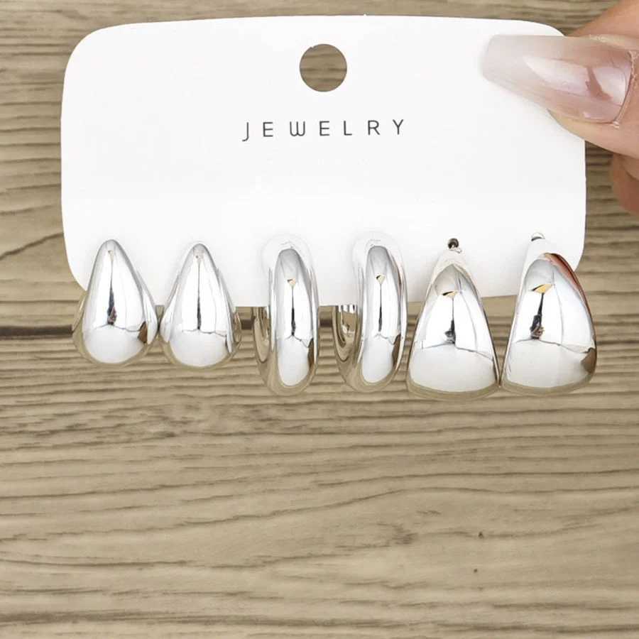6pcs Chunky Gold Plated Waterdrop Hoop Earrings For Women Minimalist Smooth Thick Circle Drop Earring Lightweight Party Jewelry H260403
