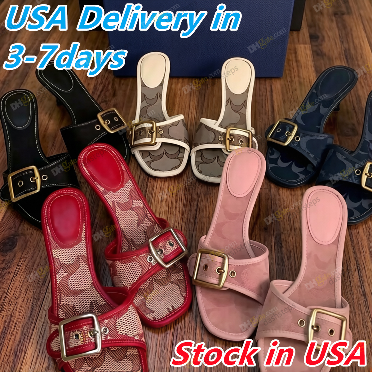 Designer Margot Slippers Women Kitten Heels Beach Summer Luxury Denim Heel High Leather Sandals Fall Mules Pumps Cute Lady Low Heeled Slippers Size 35-42