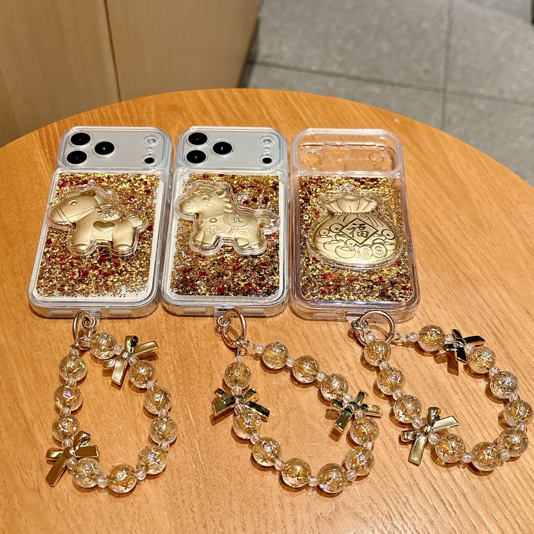Designer Luxury Gold Quicksand Phone Case, 3D Lucky Horse Money Bag Bling Glitter Cover For Iphone 17 14 13 Pro Max, Premium Fortune Gift With Chain
