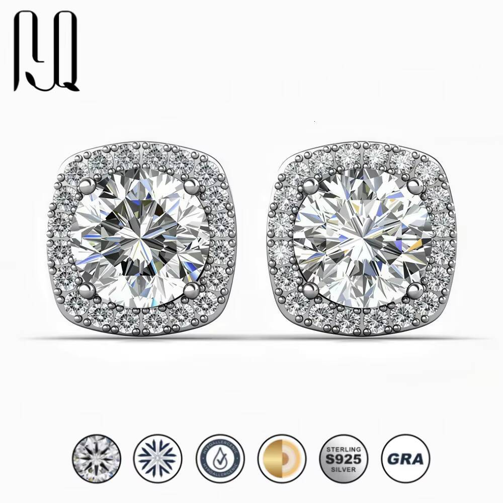 05 Carat Halo Full Pave Moissanite Stud Earrings Platinum Plated 925 Silver Luxury Womens Factory Wholesale
