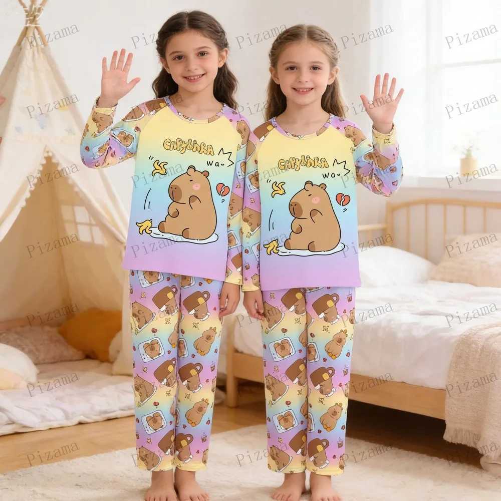 Capibara Kids Pajama Sets Long Sleeve Loungewear with Cute Animal Print Soft Sleepwear for Boys Girls Cartoon Sleepwear Outfit H260403