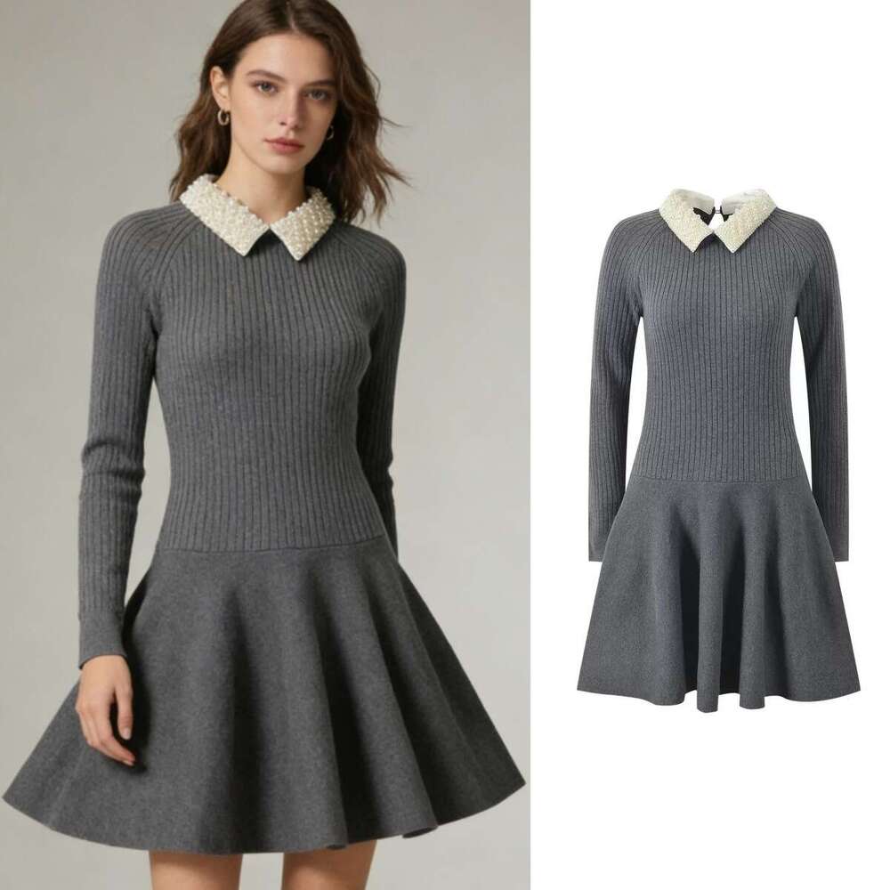 2026 Spring New Designer French Soft Waist Slim Knitted Dress for Women with k30 Detachable Pearl Collar