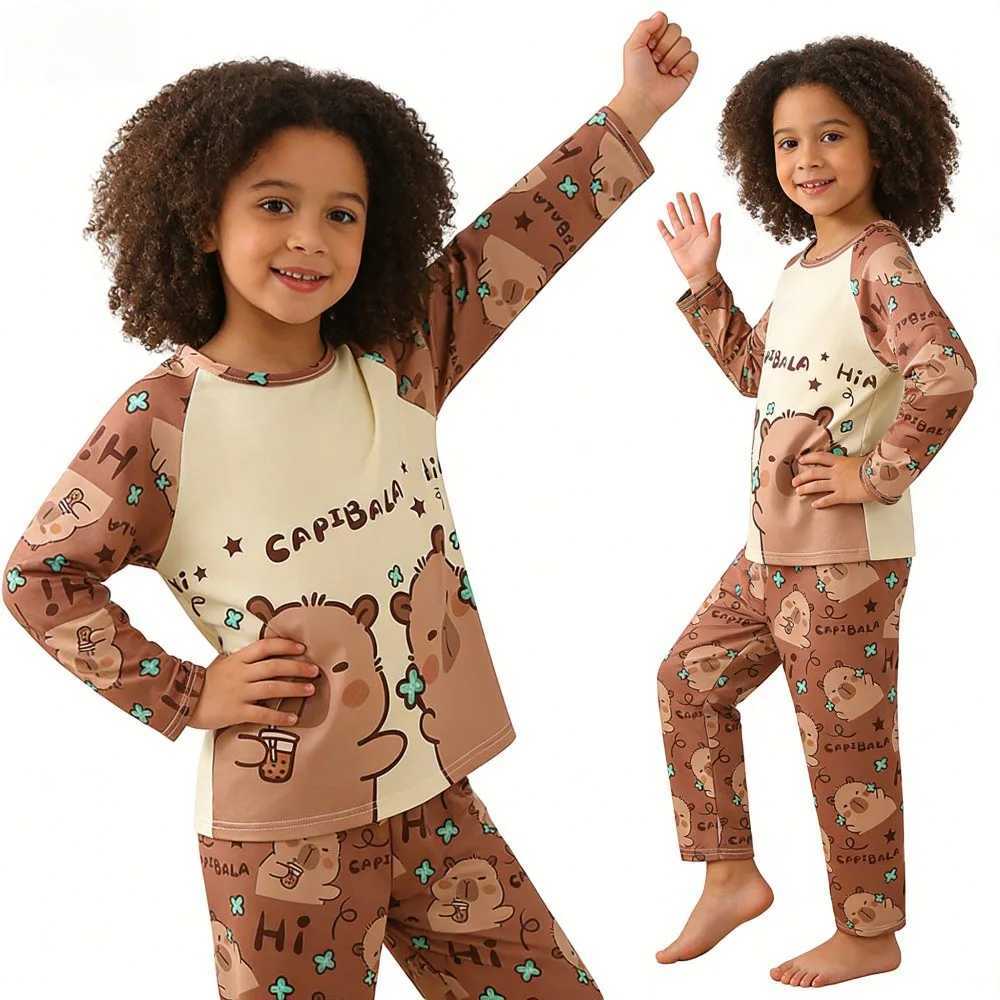 Capibara Kids Pajama Sets Long Sleeve Loungewear with Cute Animal Print Soft Sleepwear for Boys Girls Cartoon Sleepwear Outfit H260403