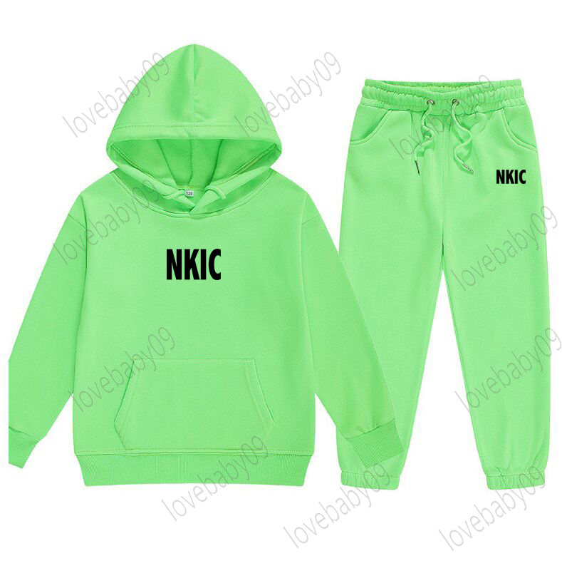 Autumn and Winter Boys Girls Green Hoodies Casual Wear Suit Sportswear Suit Letter Print Pullover Pants Children's Clothes Suits