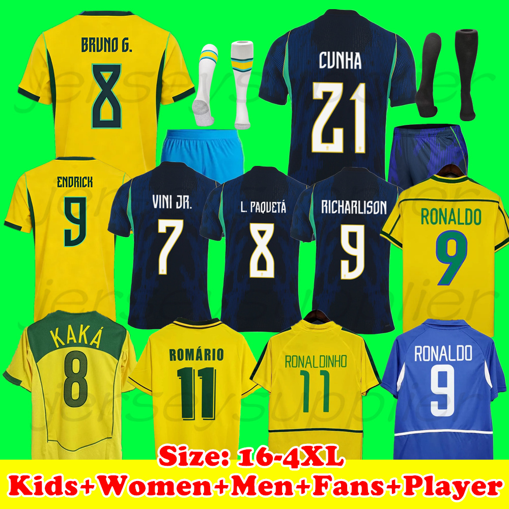2026 World Cup kit maillot BrazilS enfant Kids Vini Jr Soccer Jerseys Neymar Jr Raphinha Camisa de futebol PELE RIVALDO 94 98 RONALDO 02 RONALDINHO KAKA Vintage Jersey