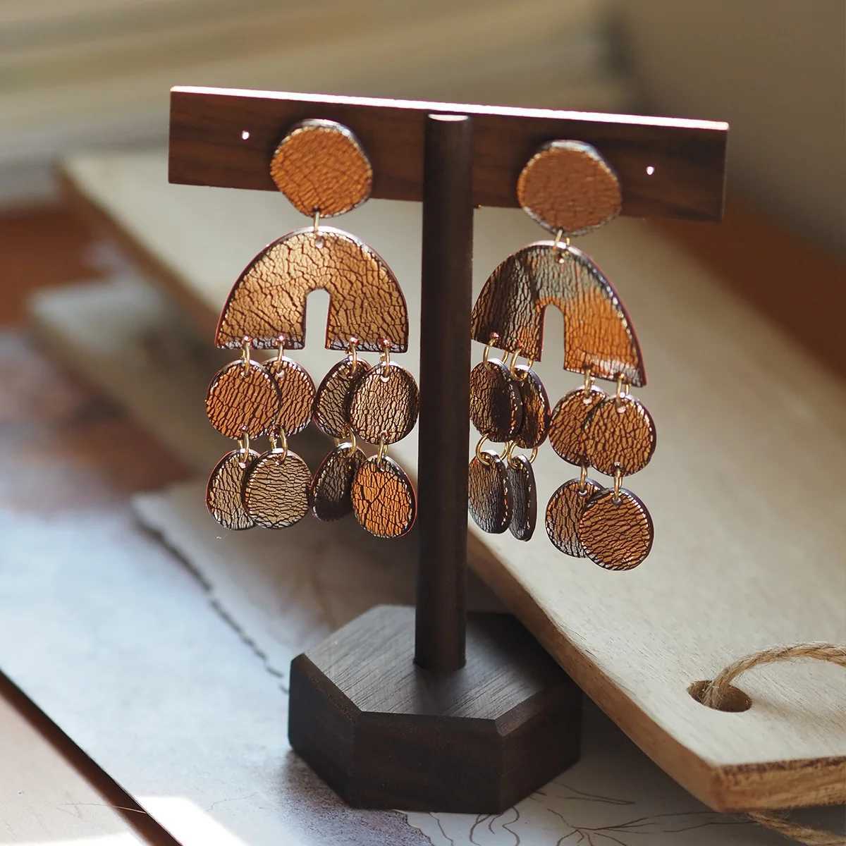 Polymer Clay Boho Geometric Dangle Earrings for Women Half Moon Arch with Coin Discs Textured Statement Lightweight Gift New H260403