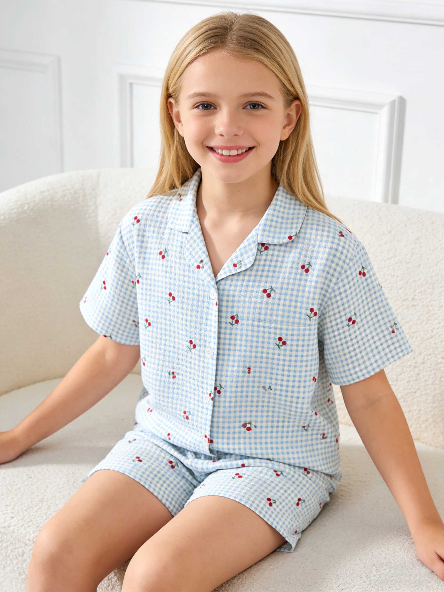 Girls Pajama Home Wear Set Cherry Short Sleeve Pajamas and Shorts Perfect for Summer Sleepover Parties and Nighttime Wear H260403
