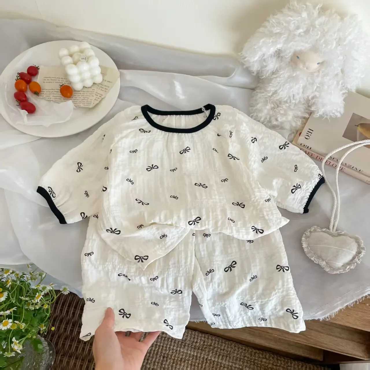 Spring Breathable Children Sleepwear Sets 0-7Y Kids Girls Printed Homewear Pajama Sets Summer Gauze Fabric Soft Daily Loungewear H260403