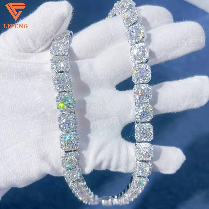 High Quality Moissanite Square Tennis Chain 10mm 925 Sterling Silver Pass Diamond Tester D VVS Moissanite Women Men Necklace