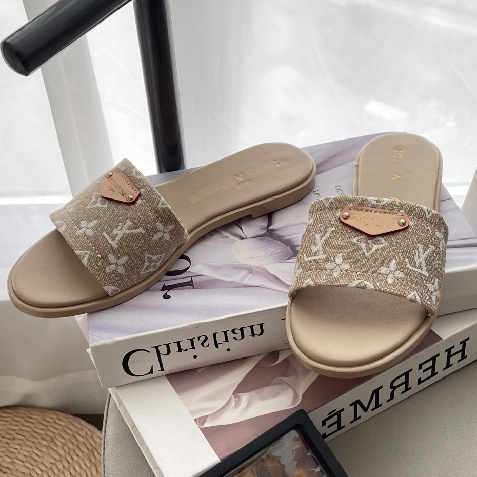 Designer sandals women New Luxury Women's Flat Slides, Monogram Print Canvas Open Toe Slippers, Casual Summer Beach Sandals for Outdoor & Daily Wear 03