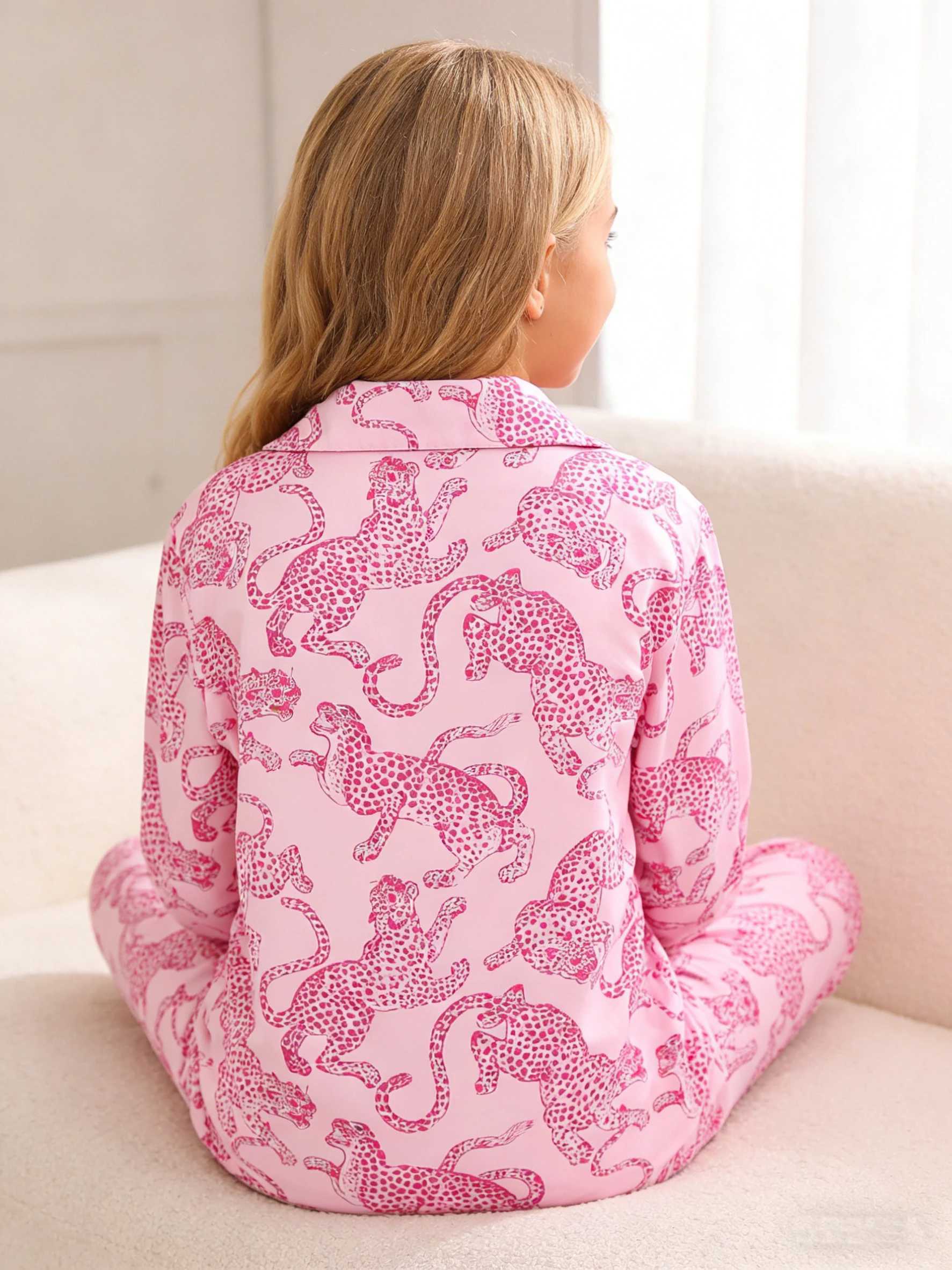 Girls long-sleeved long-pants pajamas for home wear girls leopard-print spring and autumn sleepwear party casual wear H260403