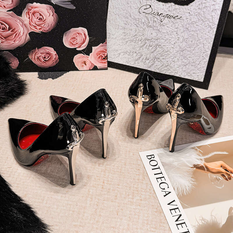 In Stock Sharp Blade Pointed Toe Stiletto High Heels Women European And American Hot Style Red Sole Black Sword Scepter Single Shoes