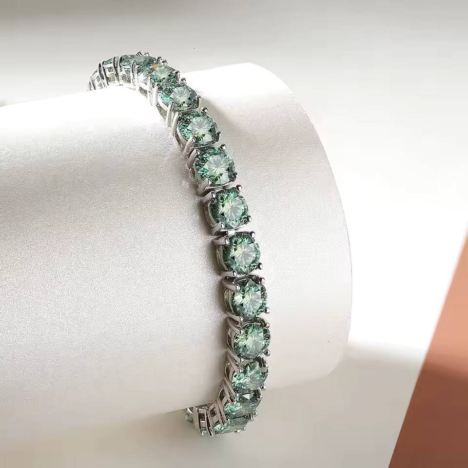 3/4/5/65mm Summer Green Moissanite Tennis Bracelet 925 Sterling Silver Rhodium Plated Round Brilliant Cut Hip Hop Style