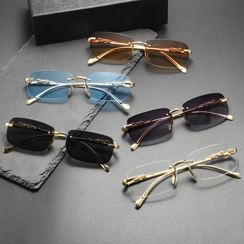 Designer Luxury Crossover New High-end Frameless Cut Edge Sunglasses For Men And Women Fashionable And Personalized Leopard Temple Sunglasses Wholesal