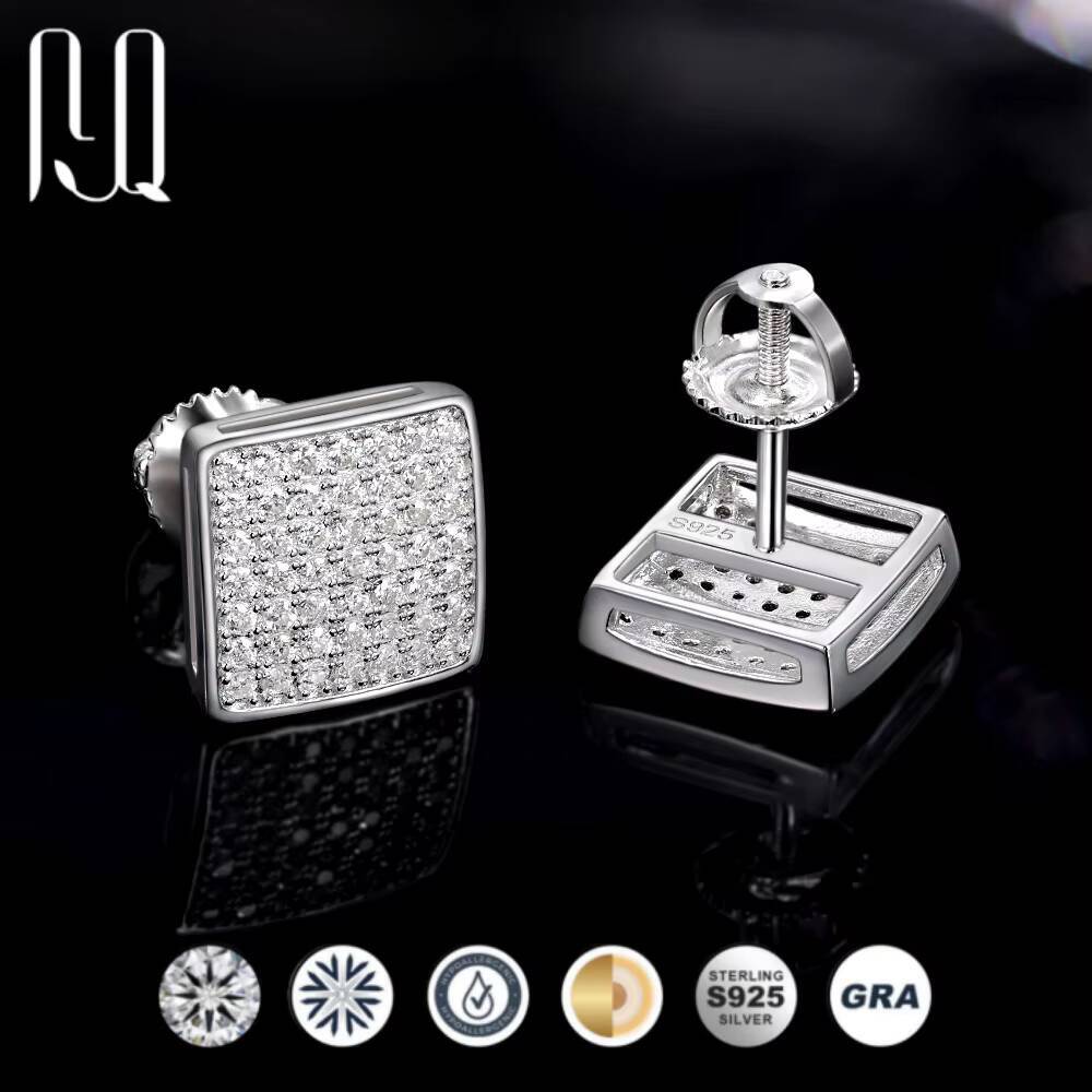 New Square Domed Twist Stud Earrings S925 Silver Full Moissanite Urban Hip Hop Style Drop Shipping Available