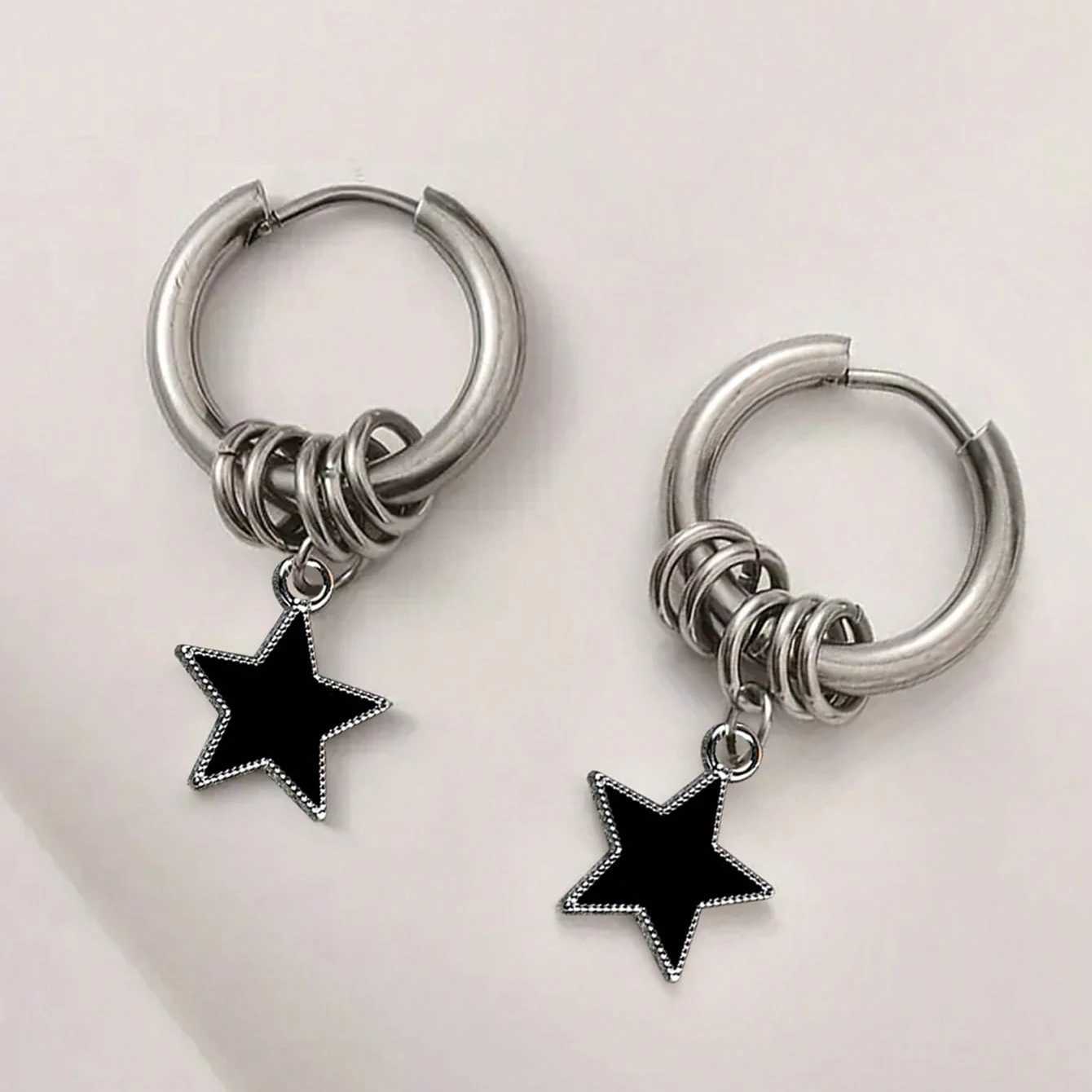 1 pair of stainless steel punk star ring earrings suitable for womens daily fashion accessories H260403