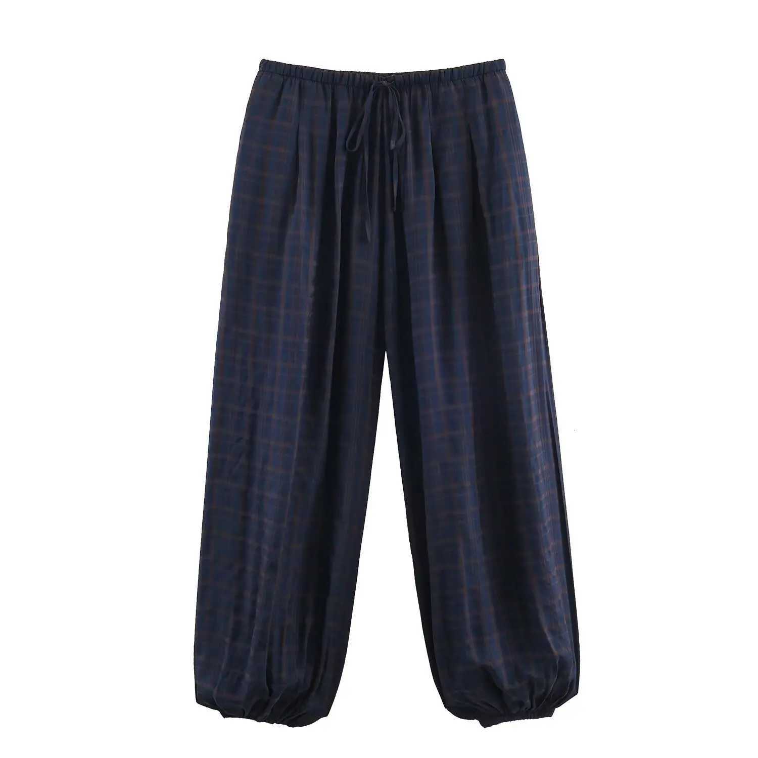 Womens Fashion Versatile Long Pants Spring Casual Loose Plaid Drawstring Balloon Bottom High Street High-Waist Lantern TrousersT260403