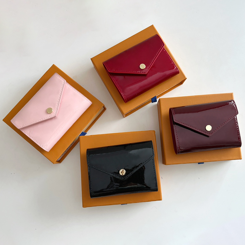 Designer Patent Leather Wallet Cards Holder for Women Mini Trifold Wallet Coin Purse Monogram Embossed Folding Wallets Red Patent Money Clip Envelope Wallet