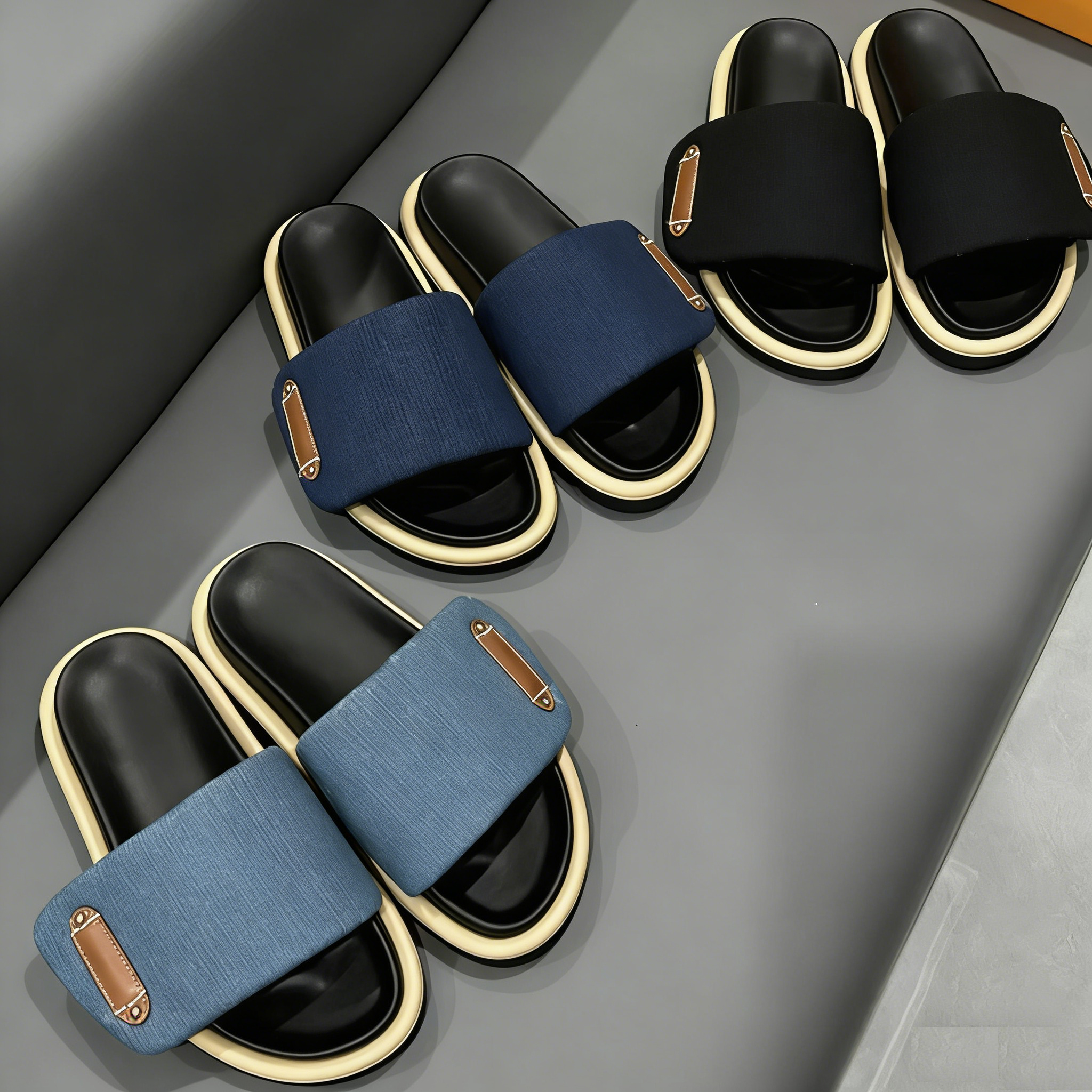 Voitton Designer Shoes Man Woman New Denim Fabric Velcro Beach Slippers for Outdoor Wear, Suitable for Home Couples, Casual and Fashionable One-piece Sandals Size 35-45