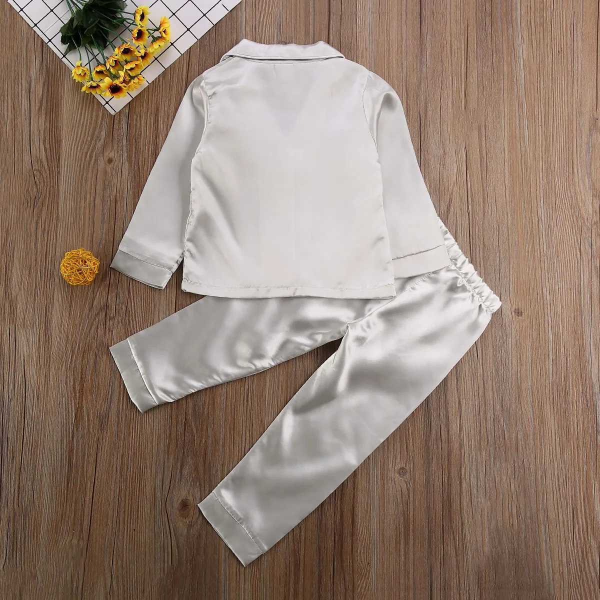 Fashion Baby Kid Girls Satin Autumn Winter Pajamas Set Solid Long Sleeve Button TopsLong Pants 2PCS Outfits Set H260403