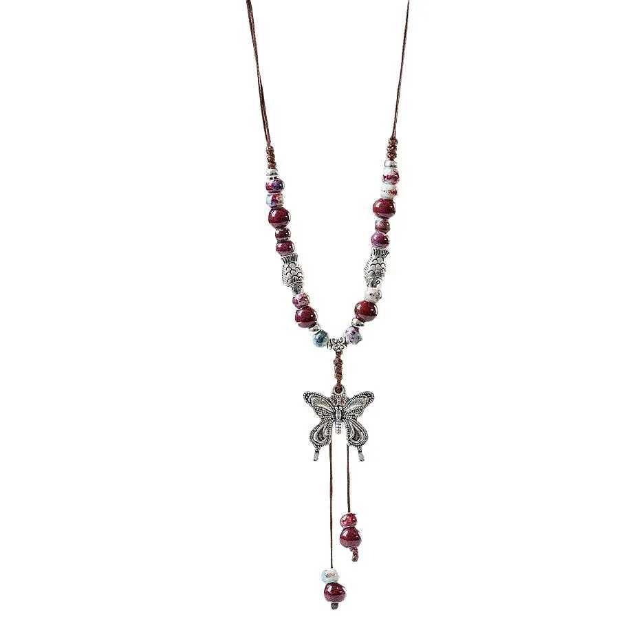 Vintage Ceramic Butterfly Pendant Necklaces for Women New Chinese Ethnic Style Long Adiustable Handmade Bead Chain Charm Jewelry H260403
