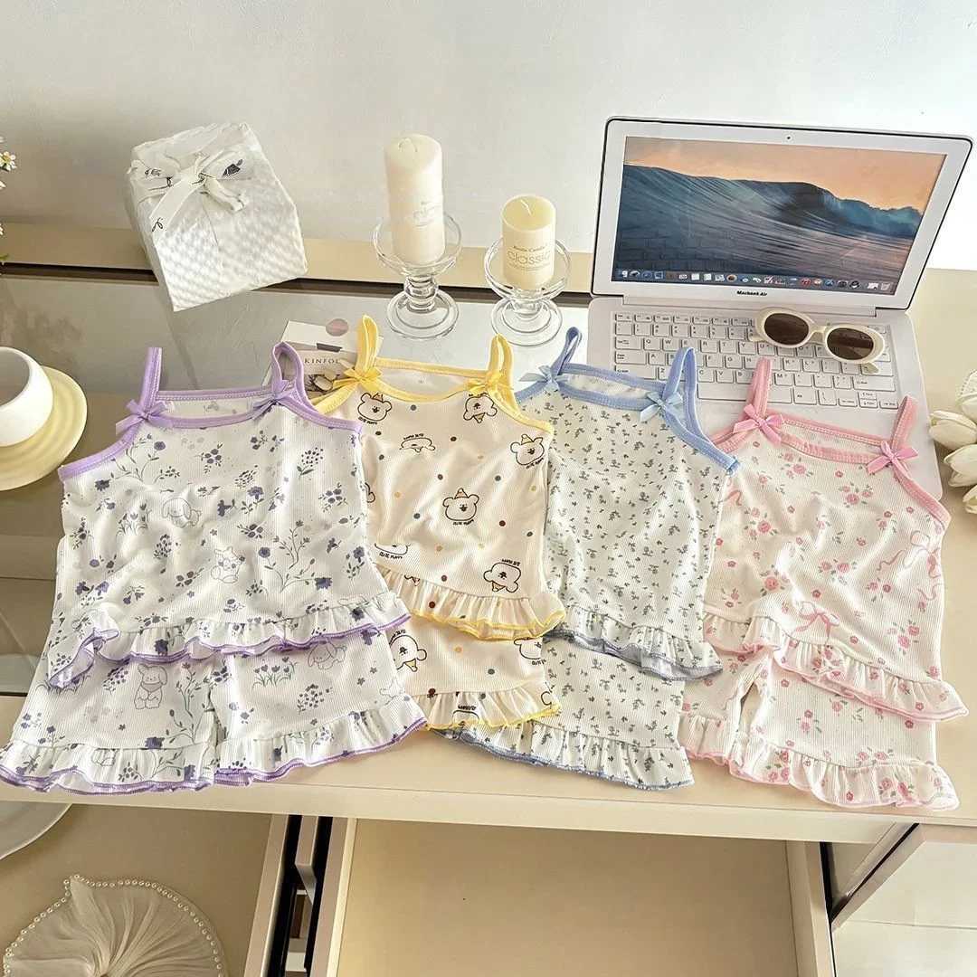 1-7Y Kids Girls Cute Cartoon Pajamas Summer Girls Printed CamisoleShorts Homewear Sets Pattern Soft Sleeveless Children Clothes H260403