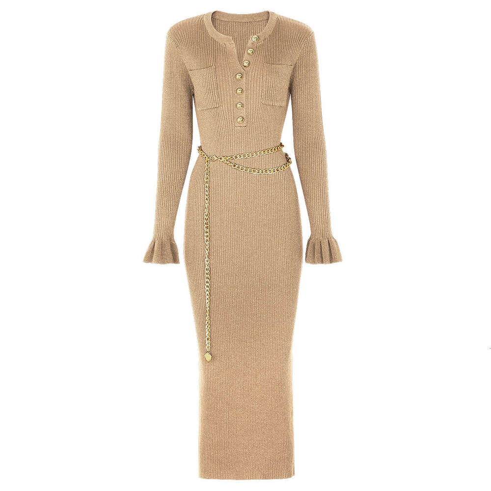 Spring and Autumn New Designer High Quality Fashion Knitted V-neck Slimming Chain Belt k30 Long Sleeve Dress