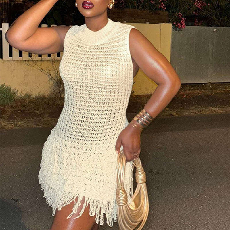 European and American style summer new k30 sweater sexy sleeveless tassel short hollow patch slim knit dress 2026
