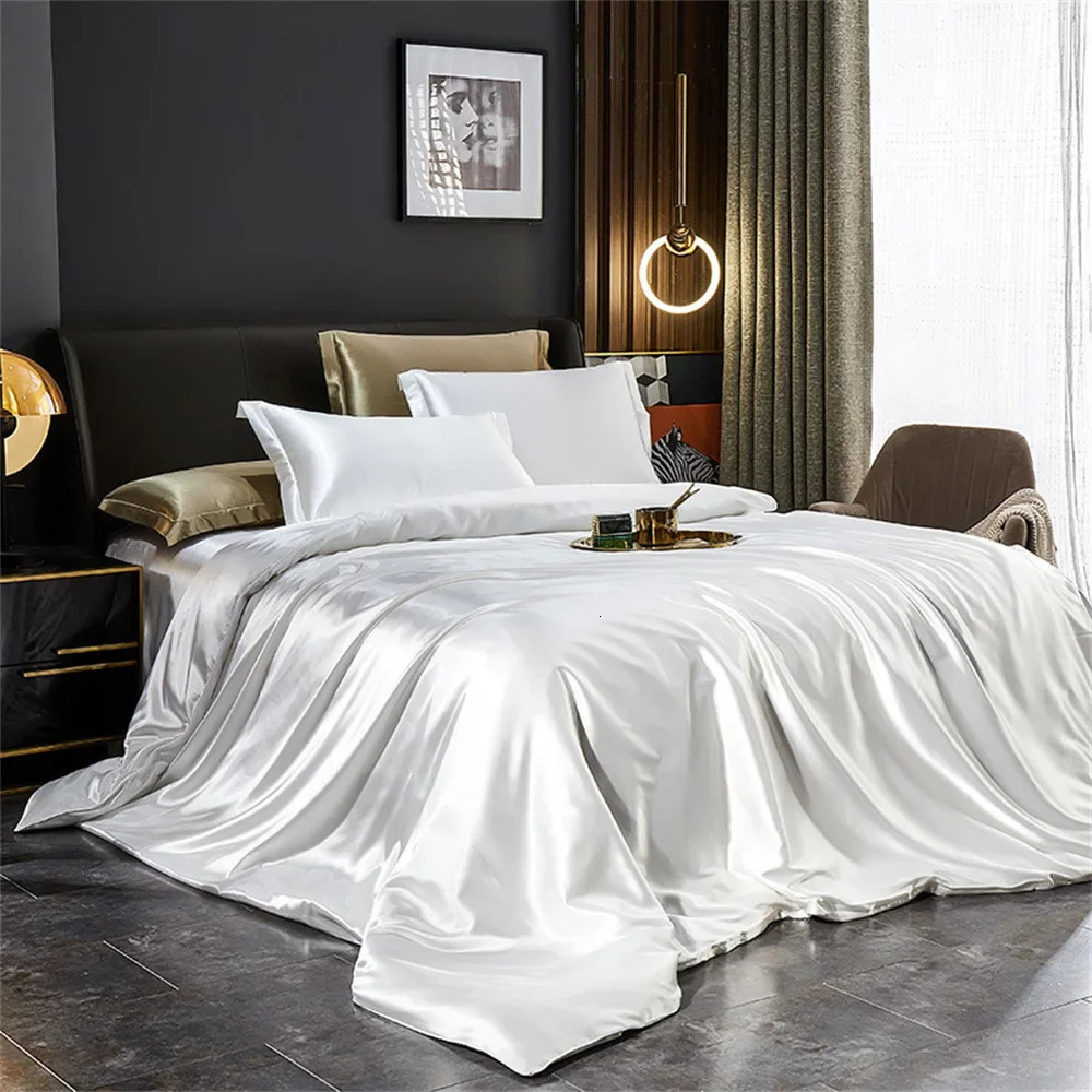 Solid Silk Bedding Set with Duvet Cover Bed Sheet Pillowcases y Satin Single Double Bedsheet King Queen Twin Size 260402