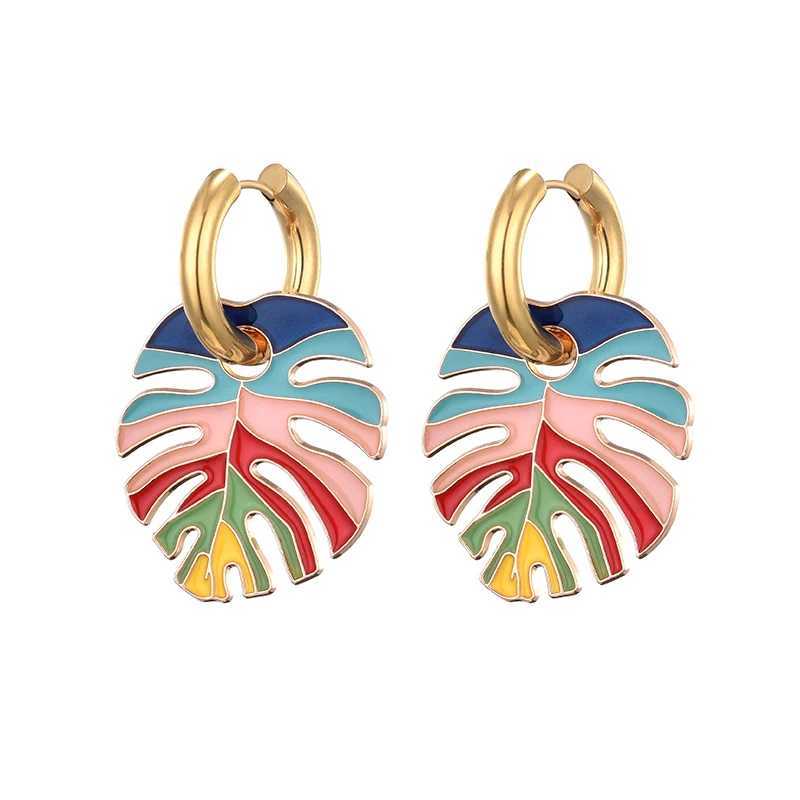 Hot Colorful Big Leaf Pendant Gold Color Stainless Steel Earrings For Women Jewelry Vintage Statement Enamel Round Hoop Earrings H260403