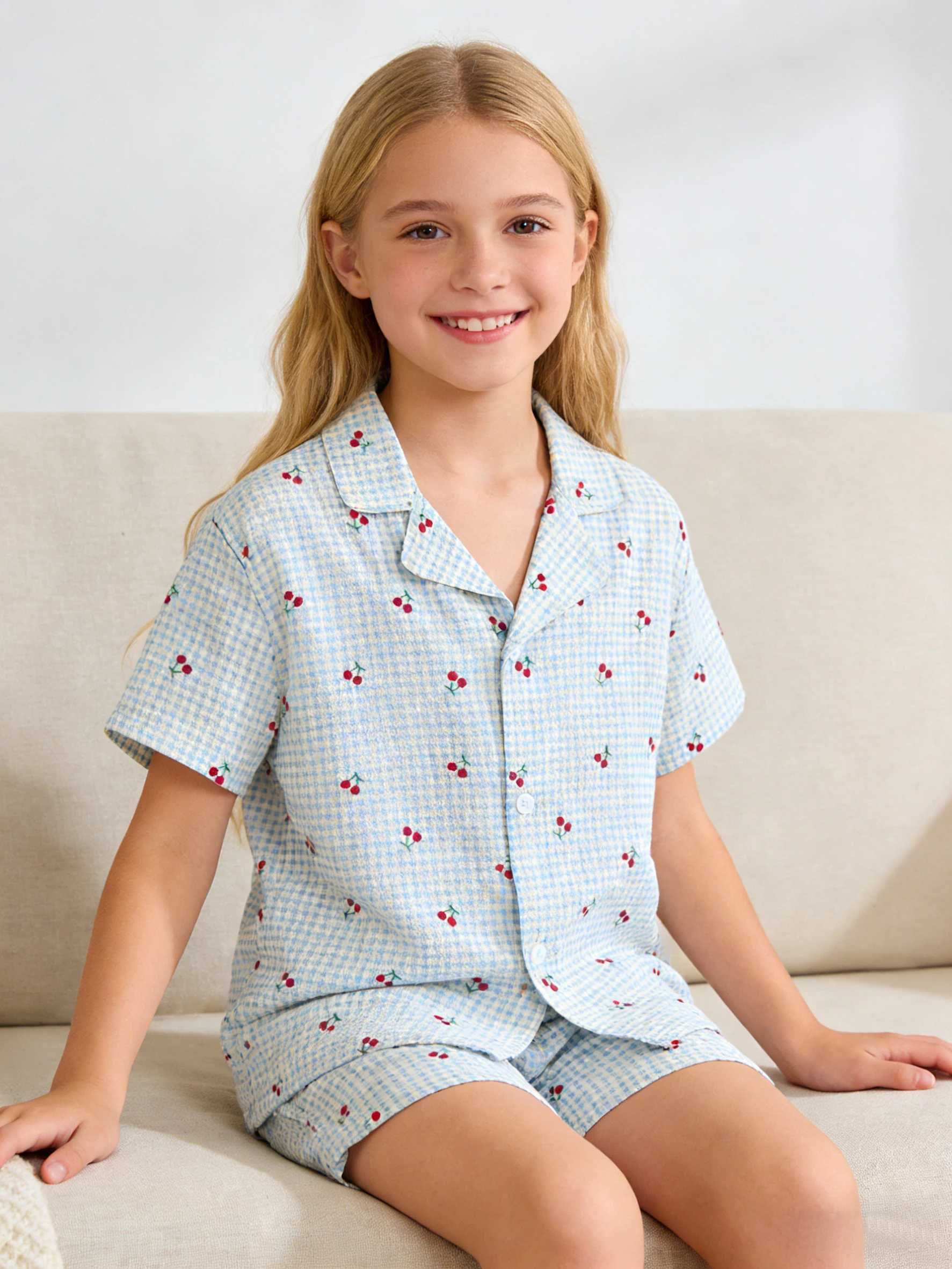 Girls Pajama Home Wear Set Cherry Short Sleeve Pajamas and Shorts Perfect for Summer Sleepover Parties and Nighttime Wear H260403