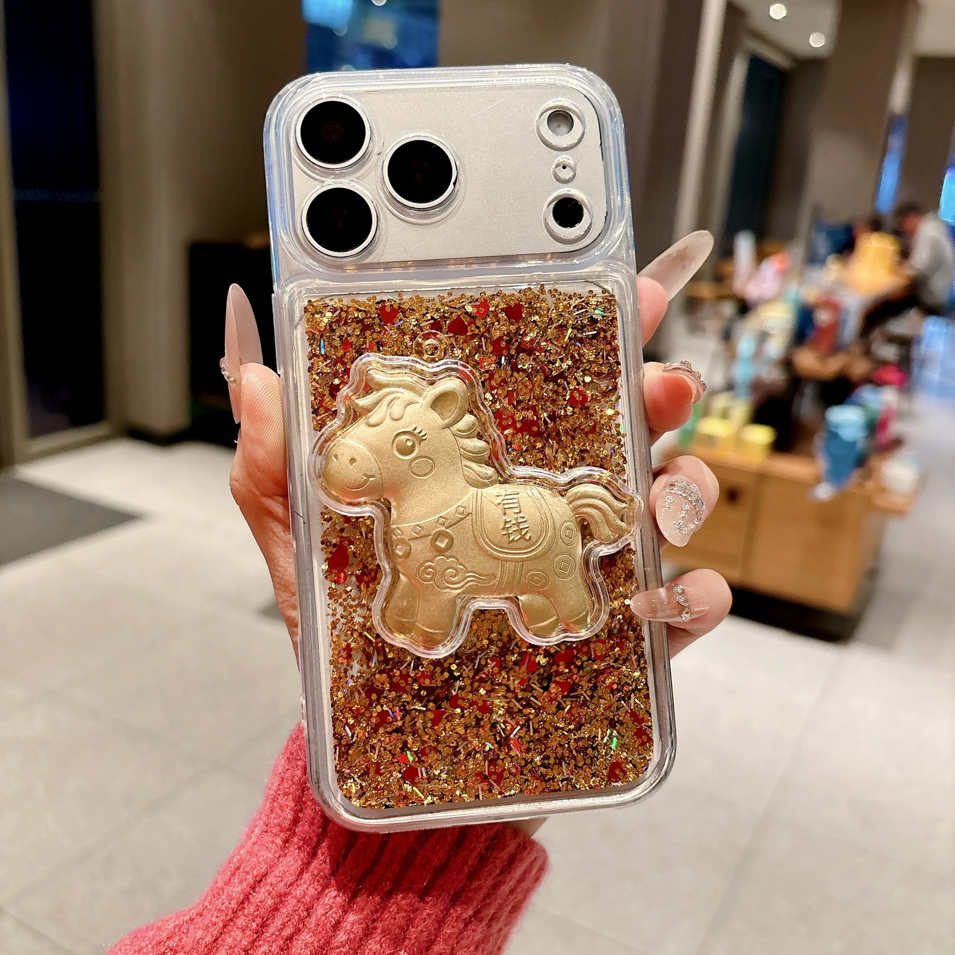 Designer Luxury Gold Quicksand Phone Case, 3D Lucky Horse Money Bag Bling Glitter Cover For Iphone 17 14 13 Pro Max, Premium Fortune Gift With Chain