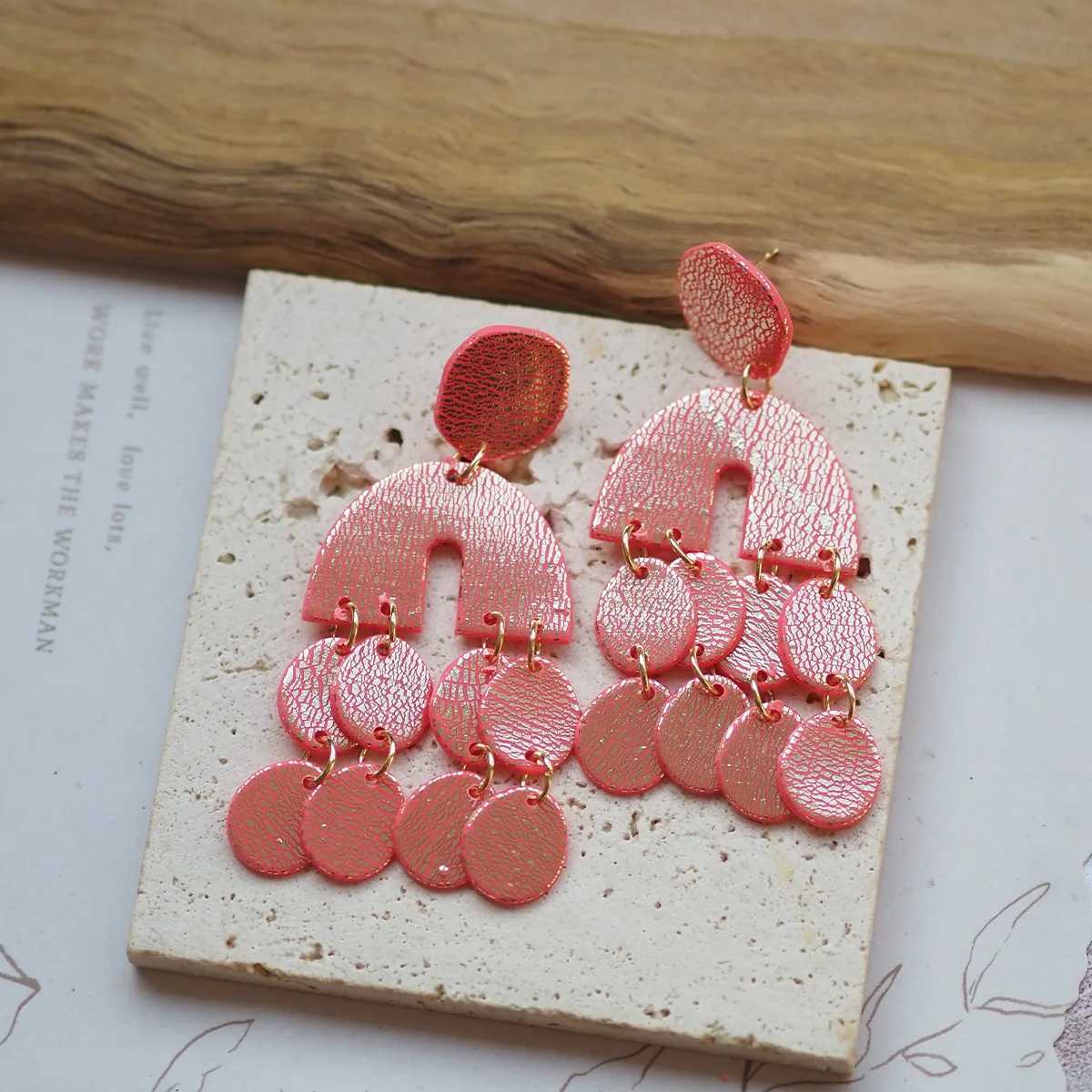 Polymer Clay Boho Geometric Dangle Earrings for Women Half Moon Arch with Coin Discs Textured Statement Lightweight Gift New H260403