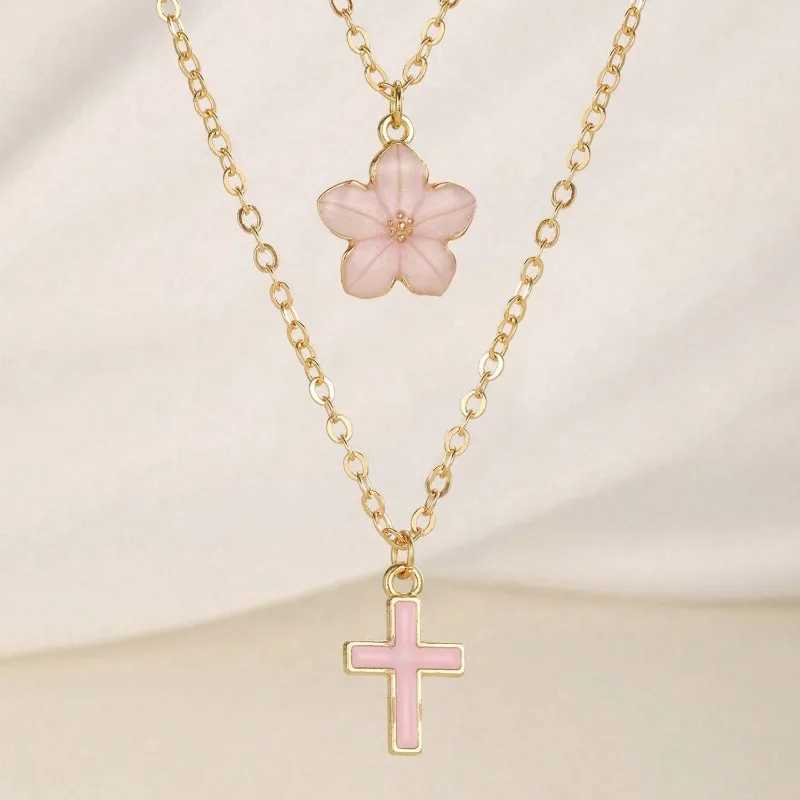 Fashionable and cute cherry blossom cross pendant necklace holiday style layered and stacked collarbone chain H260403