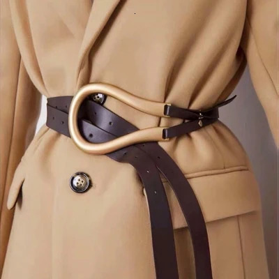 Genuine Leather double Belts Metal U Buckle belt women girls retro vintage large belt for coat jeans black white 260403