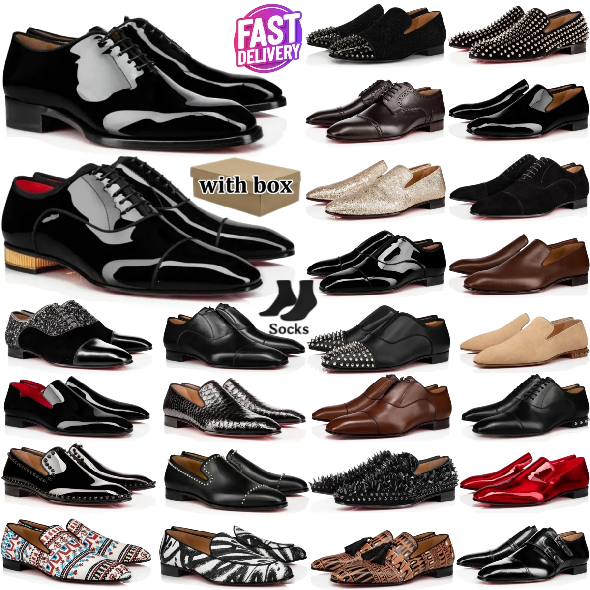 loafers Designer Men Dress Shoe genuine leather patent leather red bottom shoes mens casual shoes low-top casual wedding shoes business pointed toe rivet