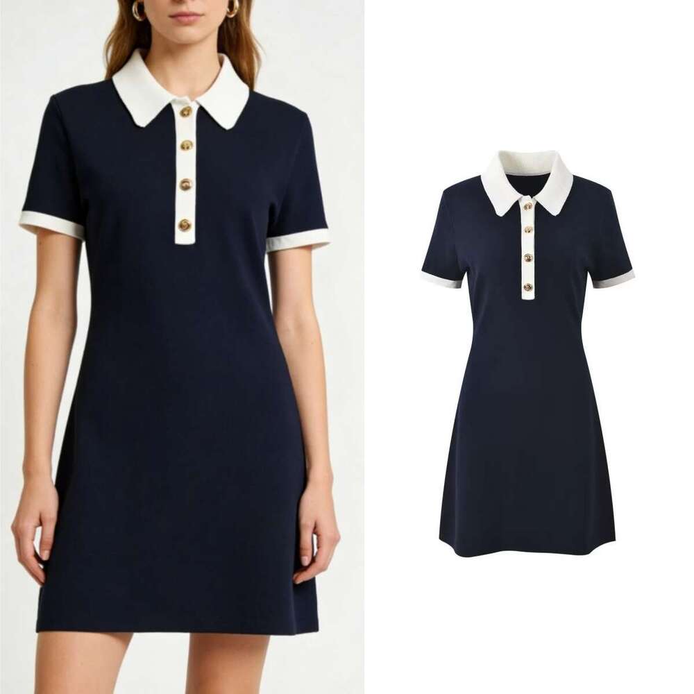 Spring new women's k30 designer French commuting color blocked collared short sleeved pullover sweater slim fit women's knitted short skirt