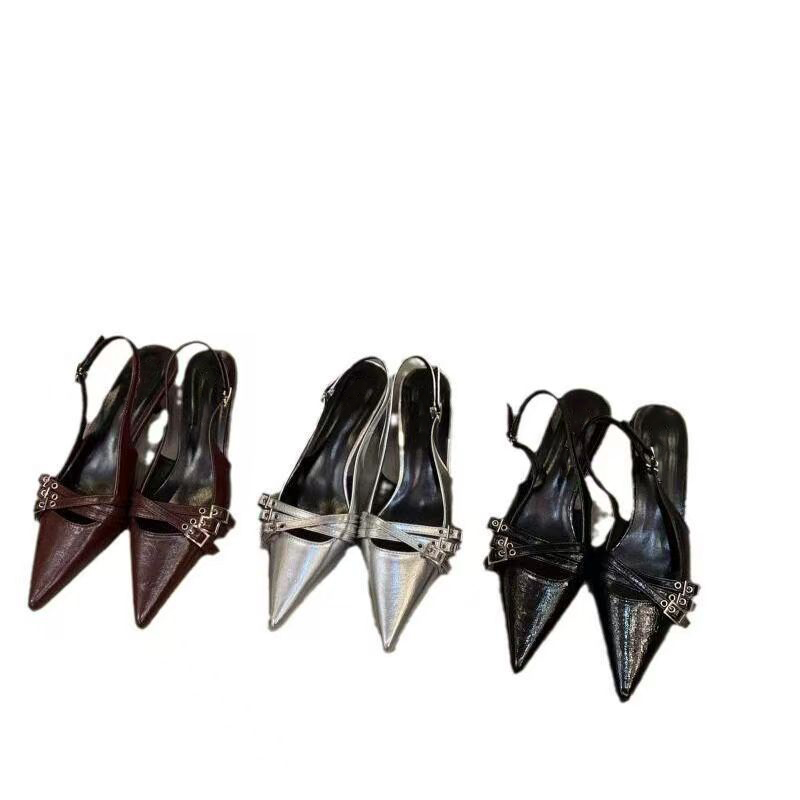 niche designer low heel shoes women slim high heels pointed sandals 2026 new spring and summer silver black ankle buckle sandals