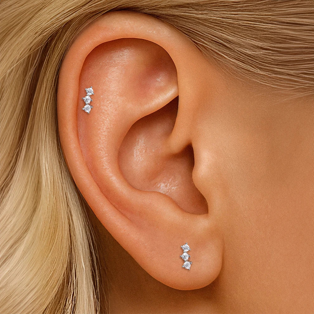 CANNER 1PC Mini 3 CZ Thread Flat Head Ear Bone Puncture Earring For Women Gold Ins Minimalism Classic Fine Jewelry Gift 260403