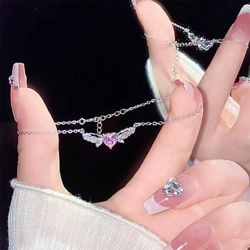 Crystal Angel Wings Pink Heart Pendant Necklaces Y2K Girl Women Heart Clavicle Chain Choker Fashion Jewelry Gifts H260403