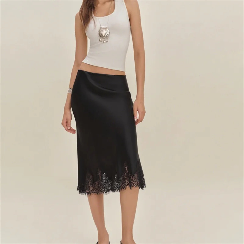 Womens Elegant Midi Skirts Summer High Waist Lace Satin Trumpet Skirt Woman Slim Korean Fashion Lace Patchwork Skirts 260403 - view 5