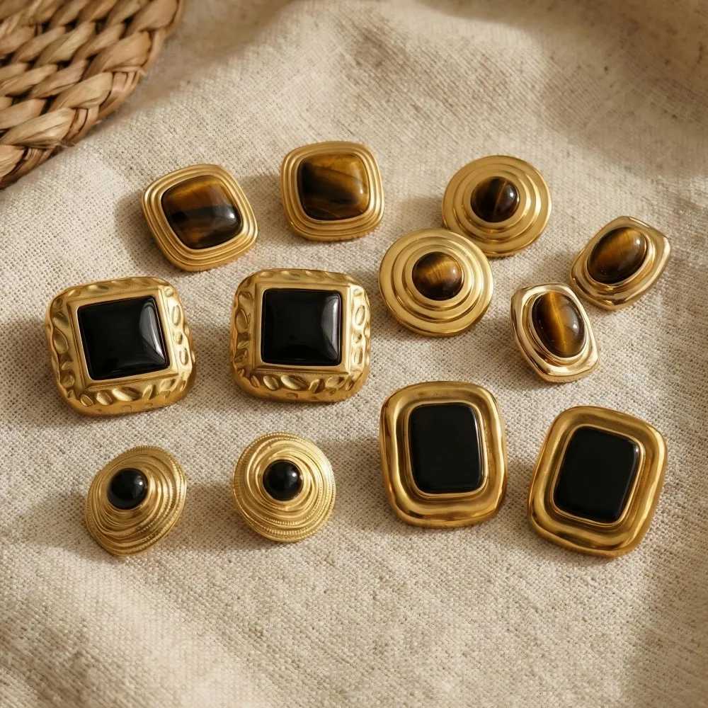 Chunky Vintage Tiger Eye Black Stone Stainless Steel Stud Earrings For Women Statement 18K Gold Plated French Autumn Jewelry H260403