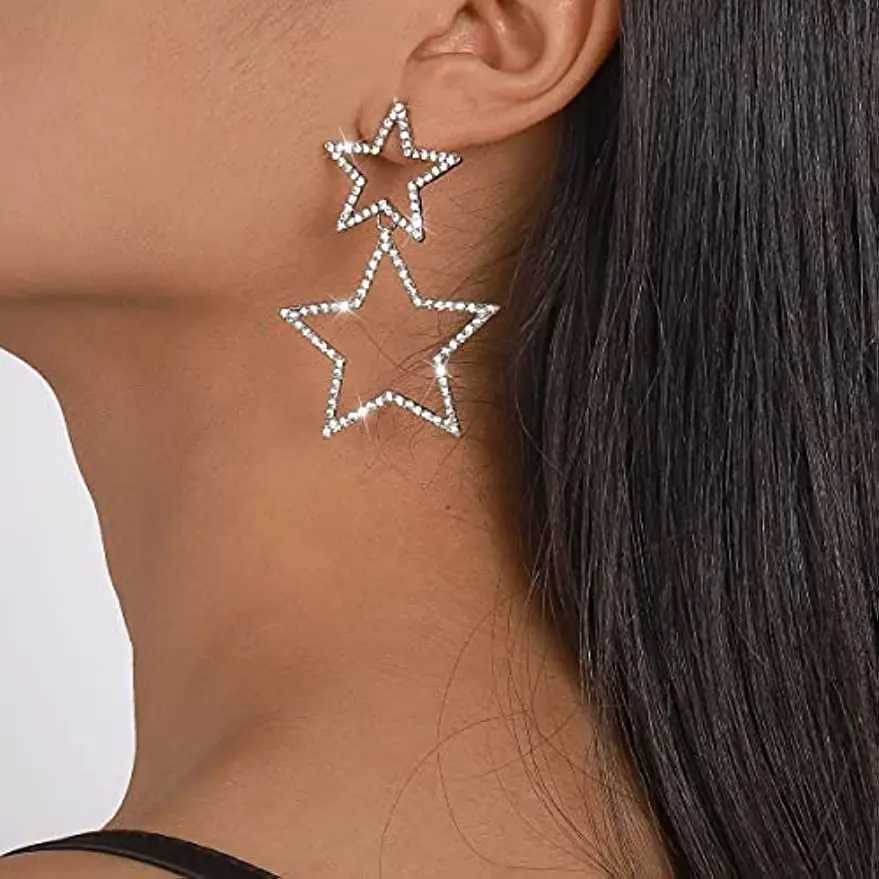 Star Earrings for Women Dangling Siver Color Rhinestone Big Star Earrings Dangle Gold Sparkle Star Drop Earrings Fashion Jewelry H260403