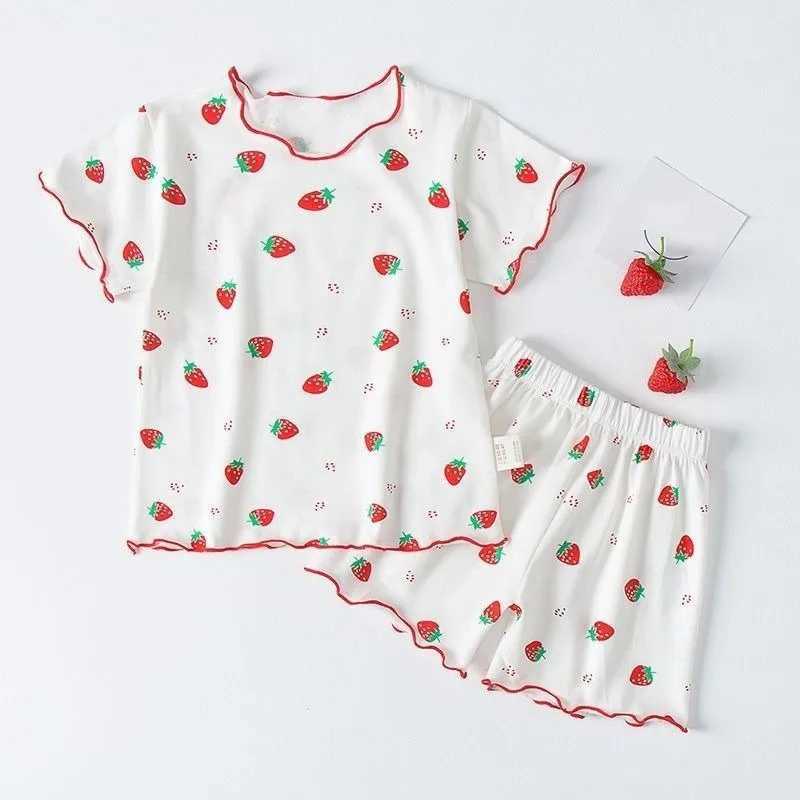 Girls Summer Pajama Set Strawberry Print Shorts Pink Peaches Tee Baby Cool Comfort Homewears Soft Breathable Sleepsuits for Play H260403