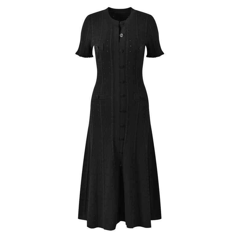 S brand's new short-sleeved knitted dress with round neck, single-breasted buttons, k30 hollow-out design, waist-cinching and slimming effect