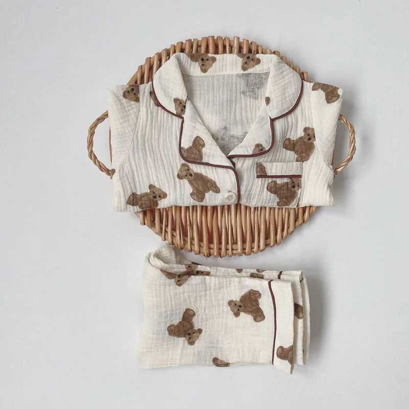 2Pcs Autumn New Kids Pajamas Korean Long Sleeve Print Bear Cardigan And Pants Cotton Musline Yarn Sleepwear H260403